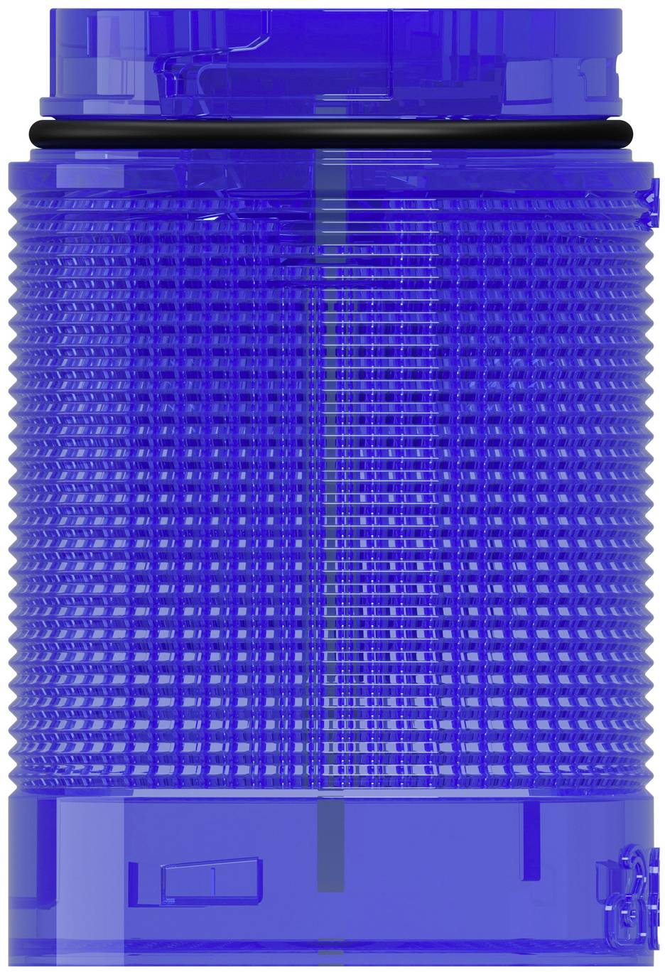 Blaue durchsichtige gerippte Kunststoffflasche mit breitem Verschluss, Vorderansicht auf einfachem weißem Hintergrund.