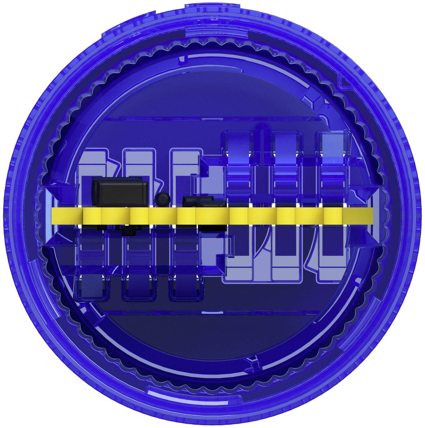 Blaues kreisförmiges mechanisches Diagramm mit einem gelben horizontalen Balken durch die Mitte und zahnradähnlichen internen Komponenten in einem transparenten Gehäuse.