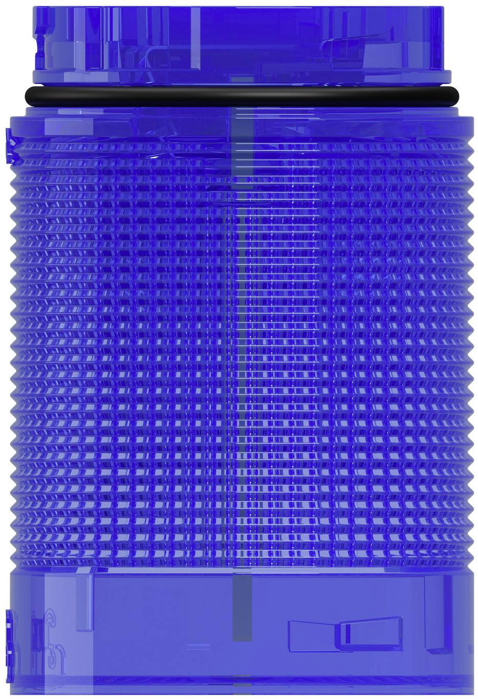Blauer durchscheinender zylindrischer Behälter mit Rippen, schwarzem Ring und rechteckiger Basis, in Vorderansicht auf weißem Hintergrund dargestellt.