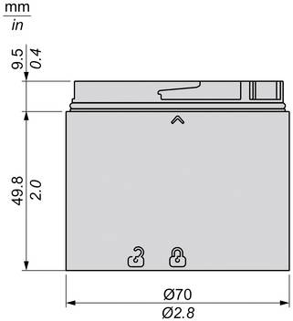 Technische Zeichnung eines zylindrischen Behälters mit Kappe, mit den Abmessungen 49,8 mm Höhe, 70 mm Durchmesser und 9,5 mm oberer Abschnitt.