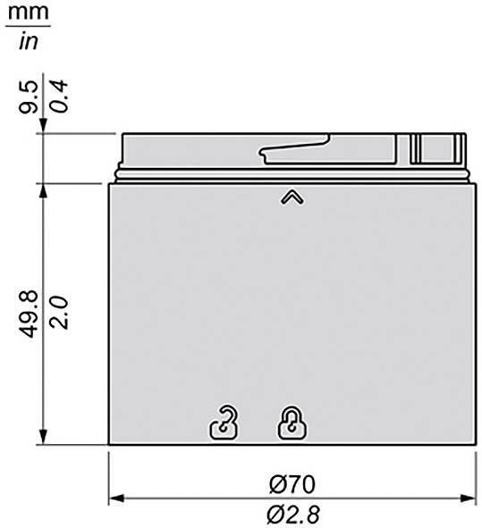 Maßzeichnung eines zylindrischen Batteriepacks mit einer oberen Kappe mit Anschlüssen und Abmessungen: 49,8 mm Höhe und 70 mm Durchmesser.