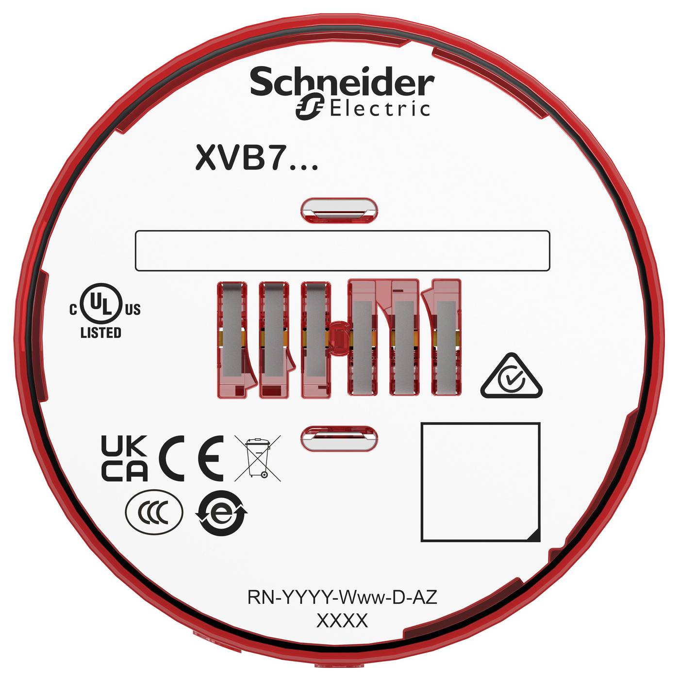Schneider Electric XVB7... rundes Geräteetikett mit Zertifizierungslogos und Modelltext RN-YYYY-Www-D-AZ XXXX.