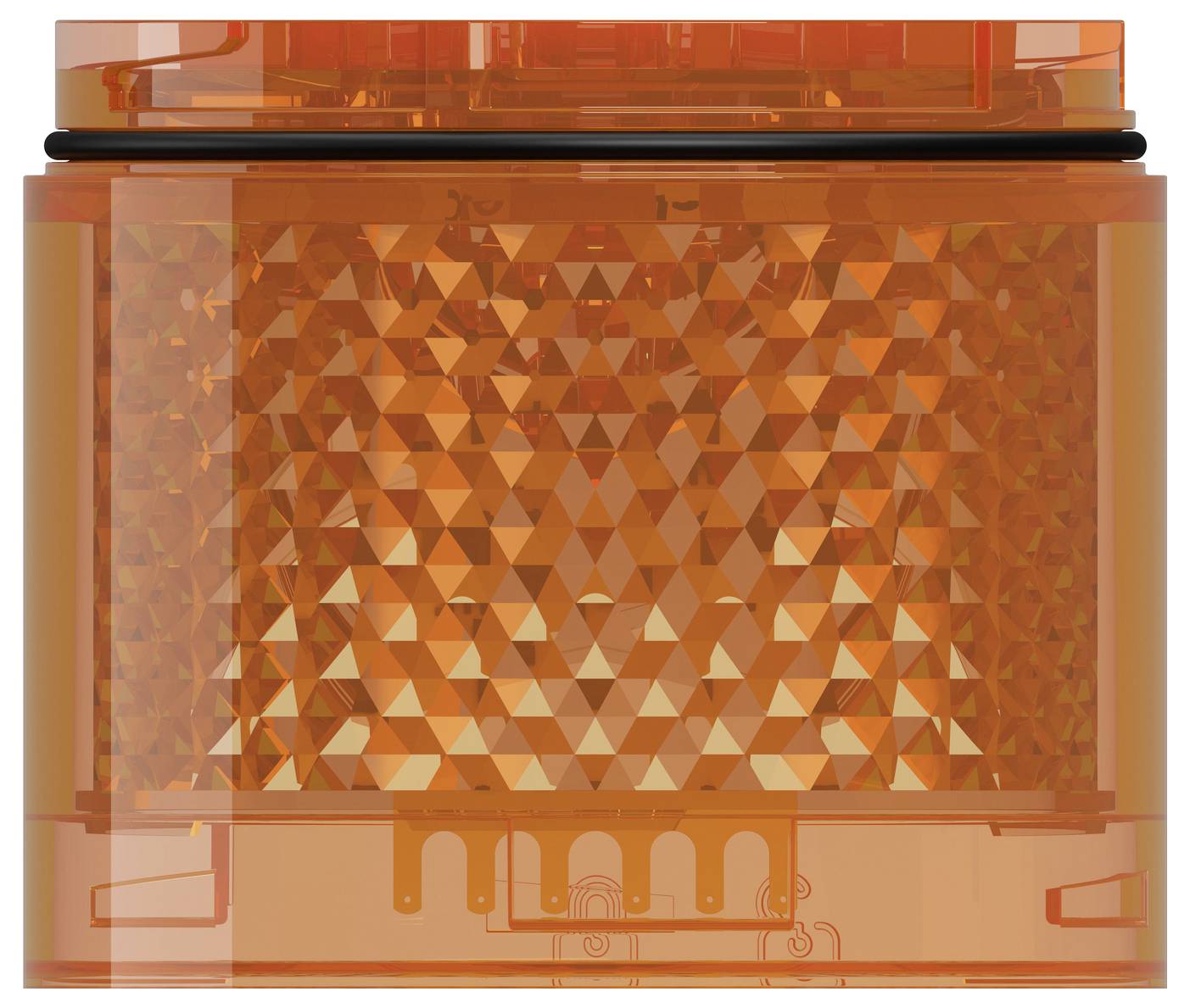 Orange durchscheinendes rechteckiges Warnlicht mit facettiertem Reflektor und schwarzer Dichtung, in Nahaufnahme von vorne gezeigt.