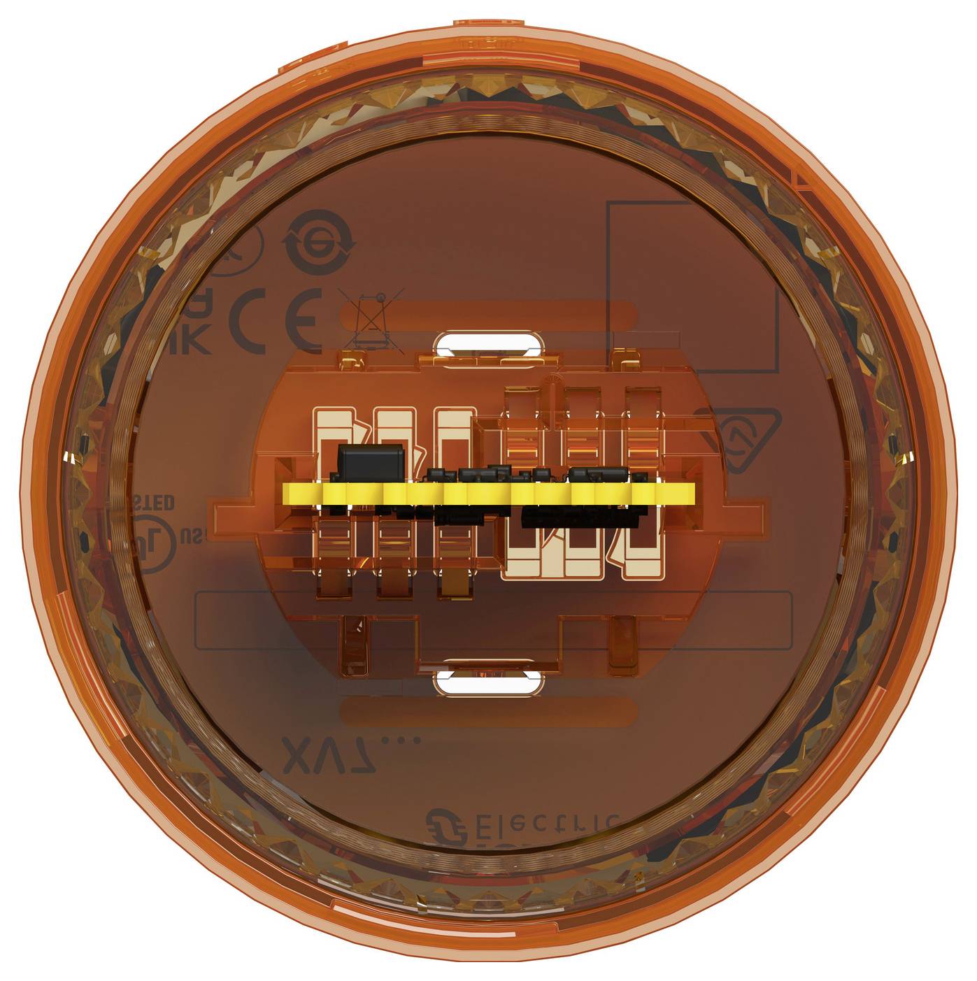Orangefarbiges kreisförmiges elektronisches Bauteil mit transparentem Gehäuse, das interne Stecker und eine zentrale Verdrahtungsanordnung zeigt.