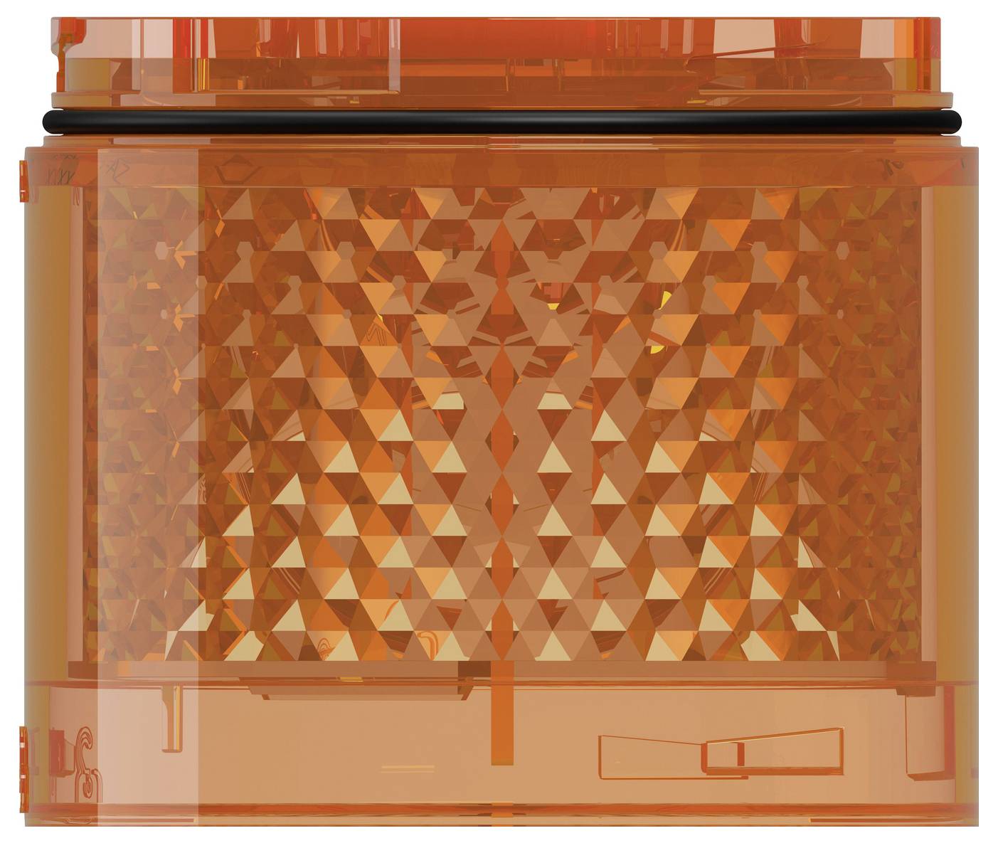 Orange durchsichtiges rotierendes Signallicht mit strukturiertem Reflektor in einem transparenten Kunststoffgehäuse.