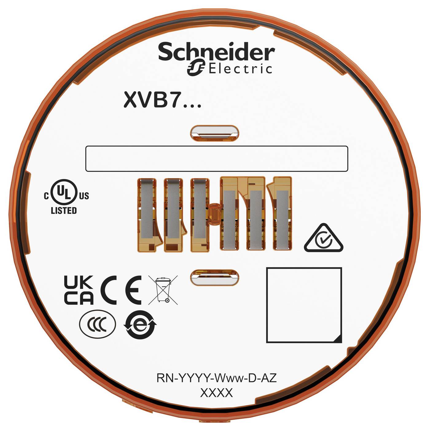 Schneider Electric XVB7… kreisförmiges Produktetikett mit Zertifizierungsmarkierungen, Barcode-Bereich und Modellcode RN-YYYY-Www-D-AZ XXXX.