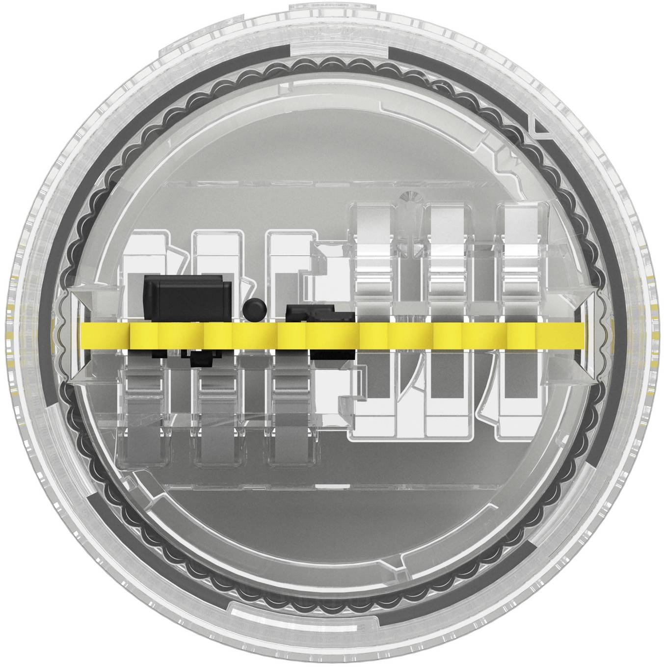 Querschnitt eines runden mechanischen Steckers oder Verschlusses mit internen Komponenten, die um einen gelben horizontalen Balken in einem transparenten kreisförmigen Gehäuse ausgerichtet sind.