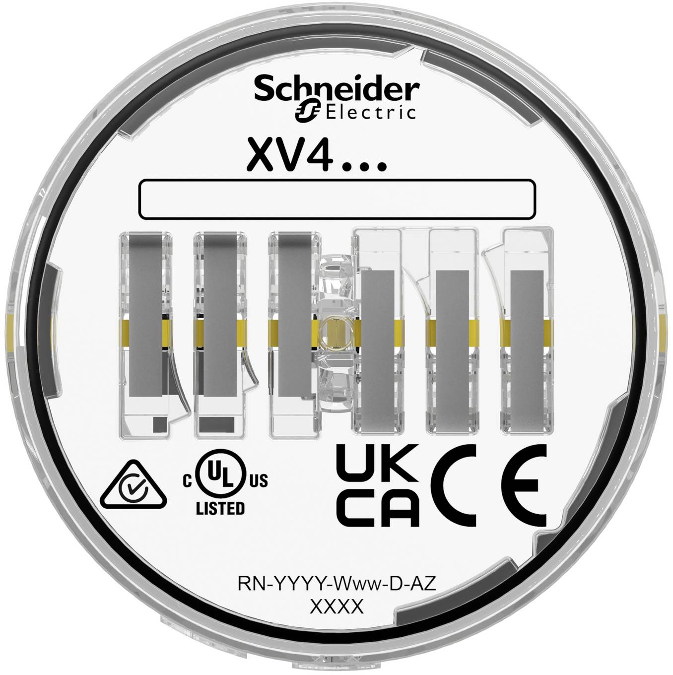 Schneider Electric XV4-Steuerrelaismodul mit Zertifizierungslogos und Modellcode RN-YYYY-Www-D-AZ XXXX.