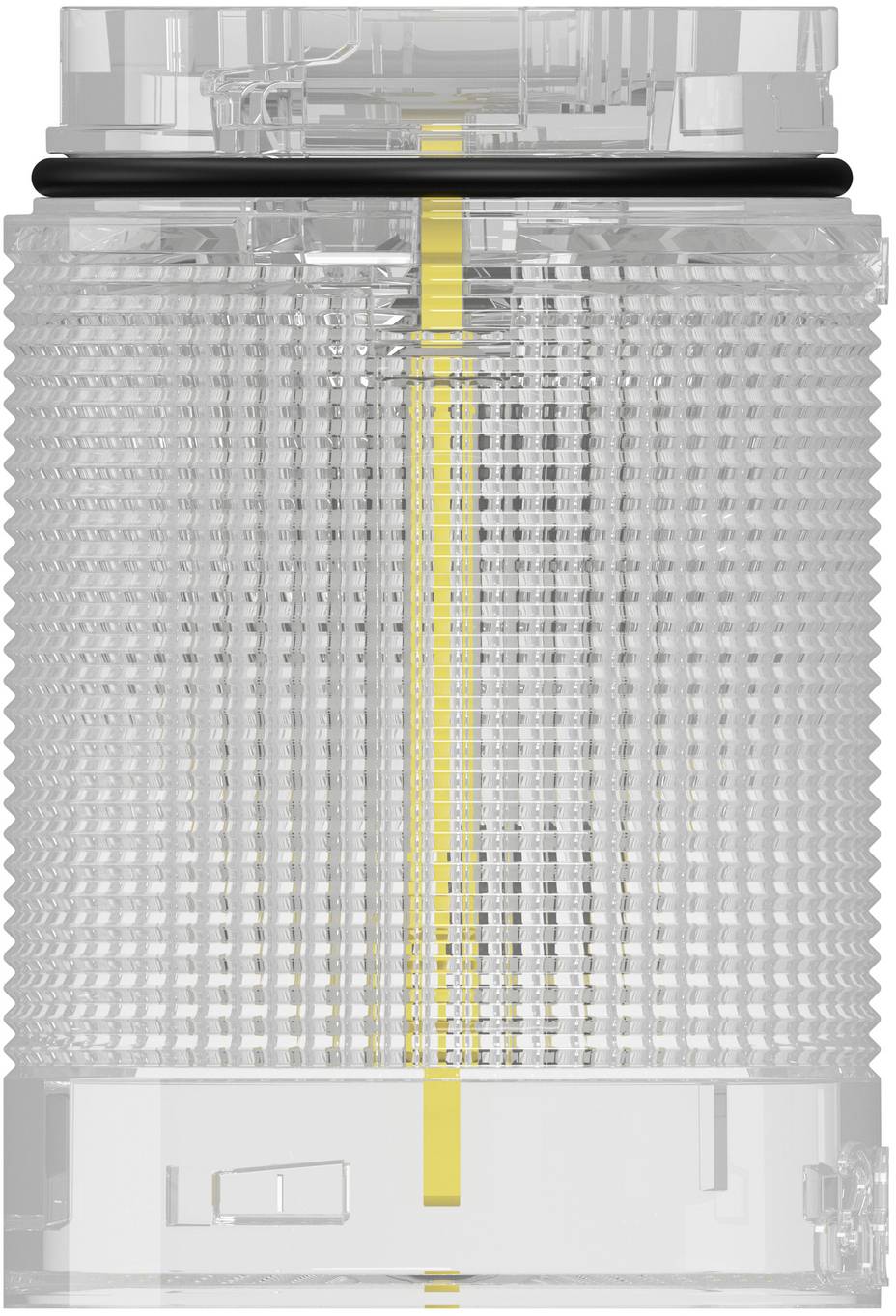 Transparentes zylindrisches Gerät mit einem zentralen gelben vertikalen Streifen, dargestellt als technische Produktabbildung auf einfachem weißem Hintergrund.