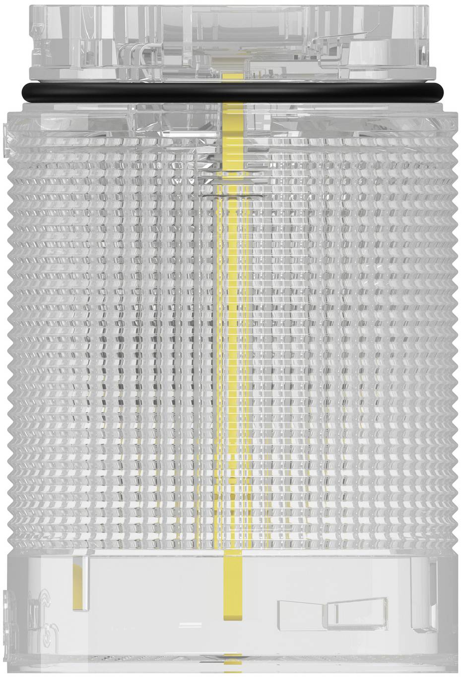 Transparentes zylindrisches Gerät mit einem gelben vertikalen Streifen, der durch die Mitte verläuft, vor einem einfachen Hintergrund dargestellt.