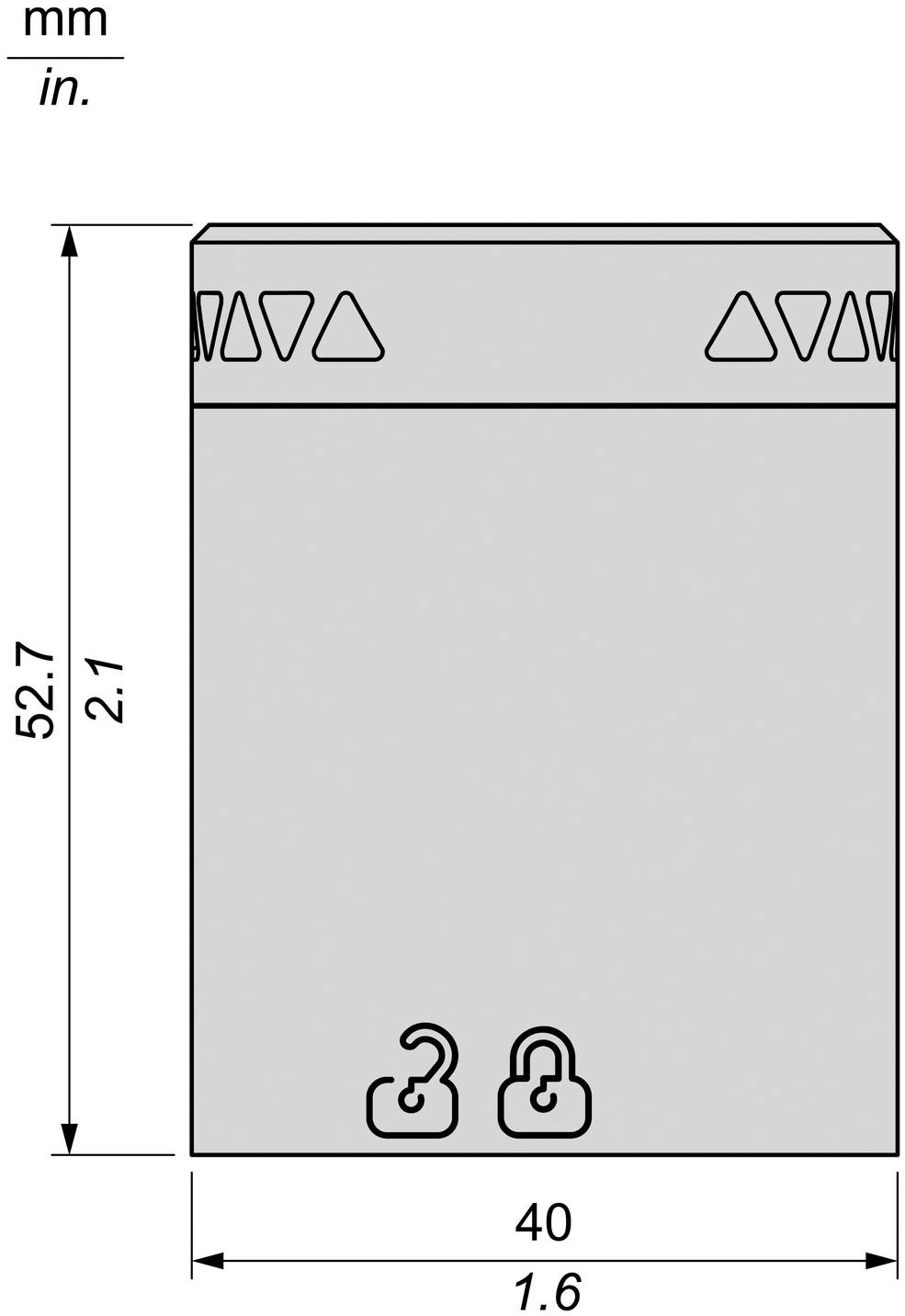 Technische Zeichnung einer rechteckigen Komponente mit den Abmessungen 52,7 mm (2,1 in) Höhe und 40 mm (1,6 in) Breite, mit kleinen Ausschnitt-Symbolen in der Nähe des unteren Endes.