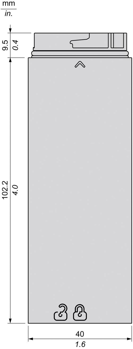 Technische Zeichnung eines rechteckigen Geräts mit Vorderansicht-Abmessungen: 102,2 mm hoch, 40 mm breit, mit einem 9,5 mm großen oberen Abschnitt.
