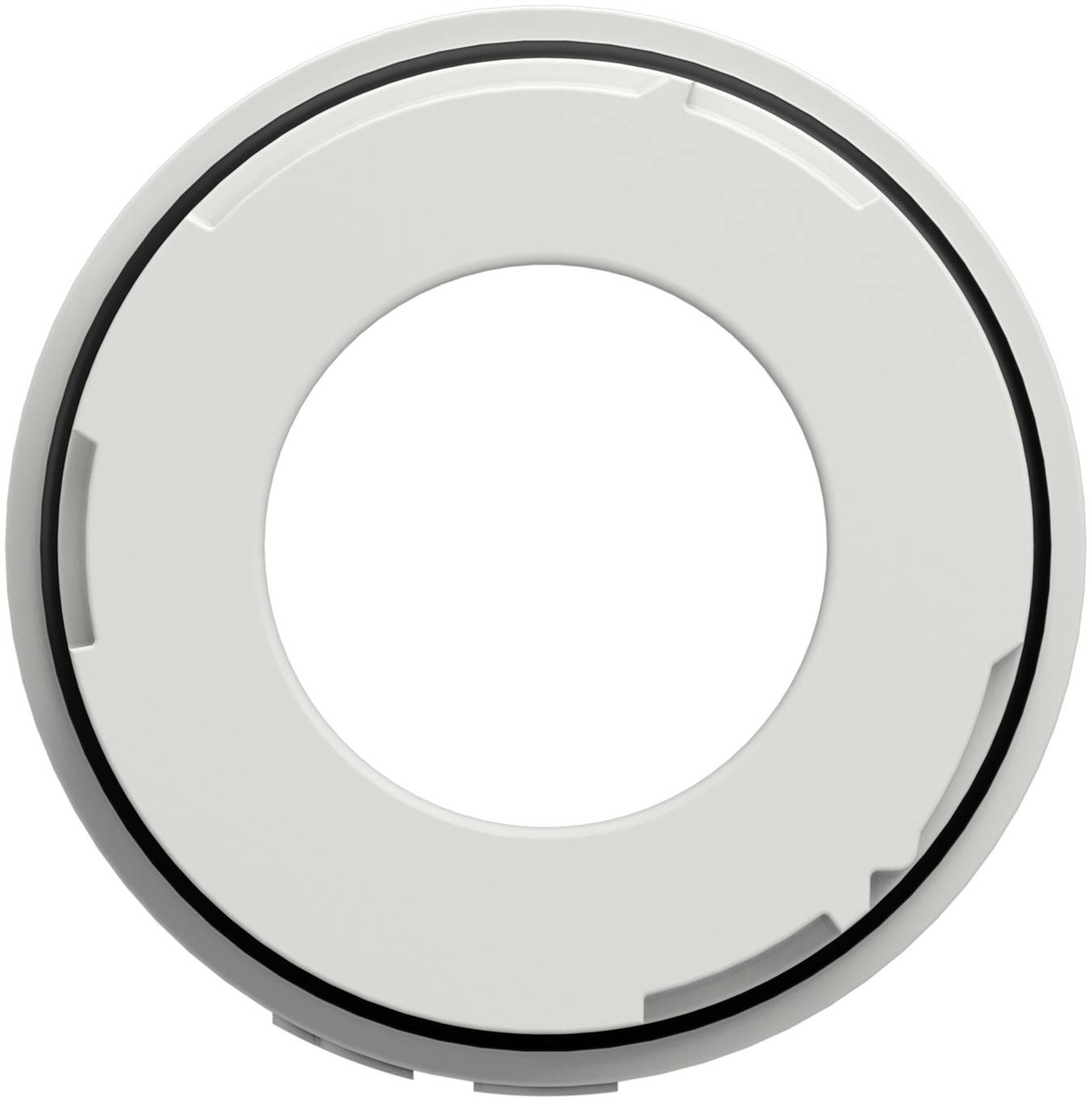Runder weißer Kunststoffdeckel oder Ring mit großer zentraler Öffnung, von vorne gegen einen einfachen Hintergrund dargestellt.