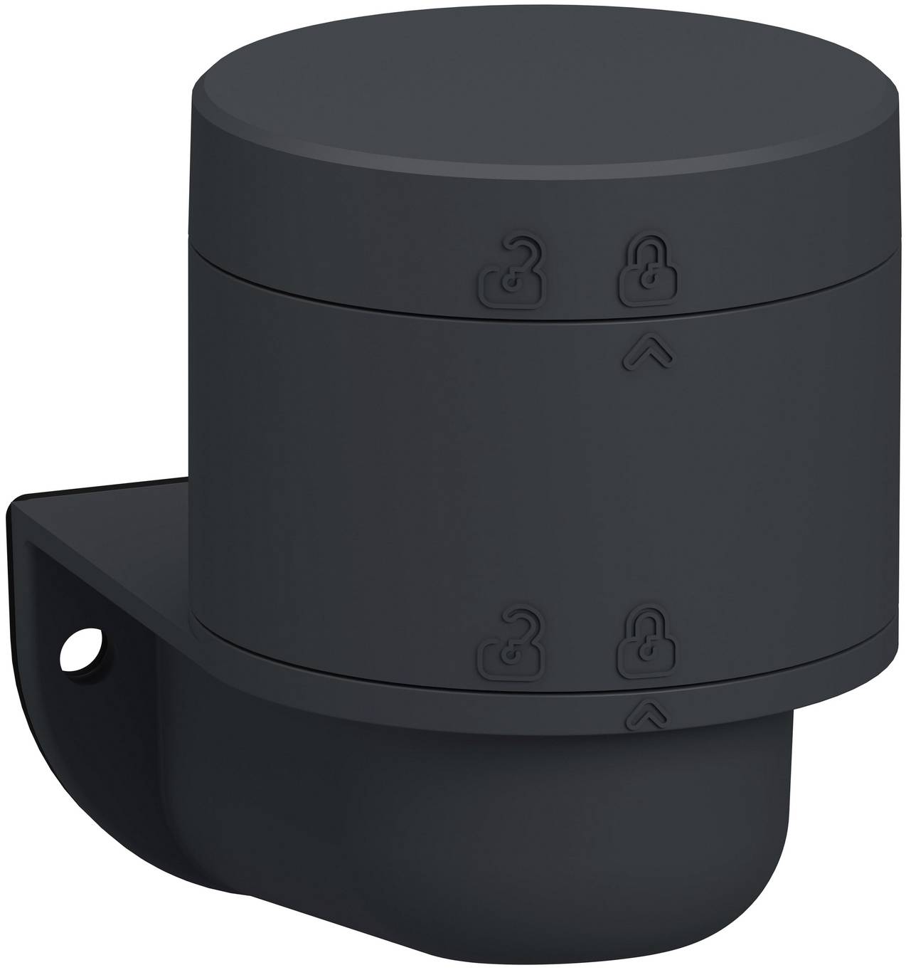 Schwarzer zylindrischer wandmontierter Sensor oder eine Kamera mit einer Seitenkonsole, gezeigt in Profilansicht auf weißem Hintergrund.
