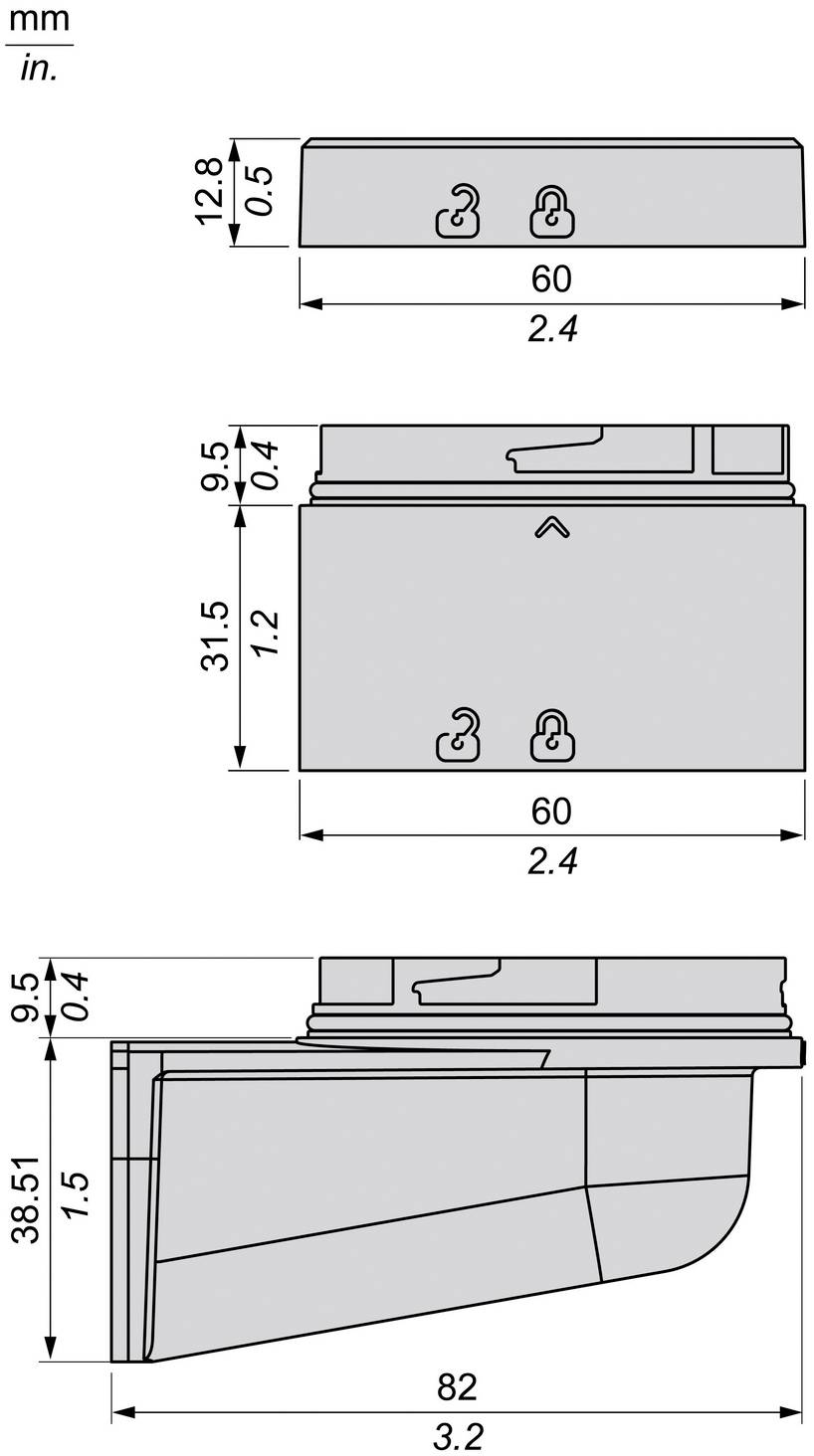 Technische Zeichnung mit einer rechteckigen mechanischen Komponente in drei Ansichten mit Abmessungen in mm und Zoll: 60 x 12,8 oben, 60 x 31,5 in der Mitte und 82 x 38,5 Seitenansicht.