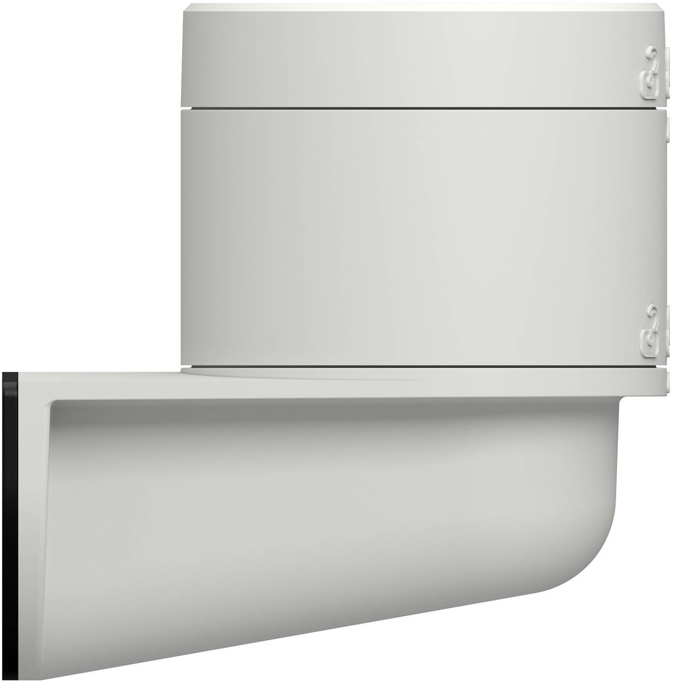 Eine graue Metallbox, die an der Wand montiert ist, mit einem Deckel mit Scharnier und einer großen nach unten geneigten Haube oder Rutsche, die darunter angebracht ist.