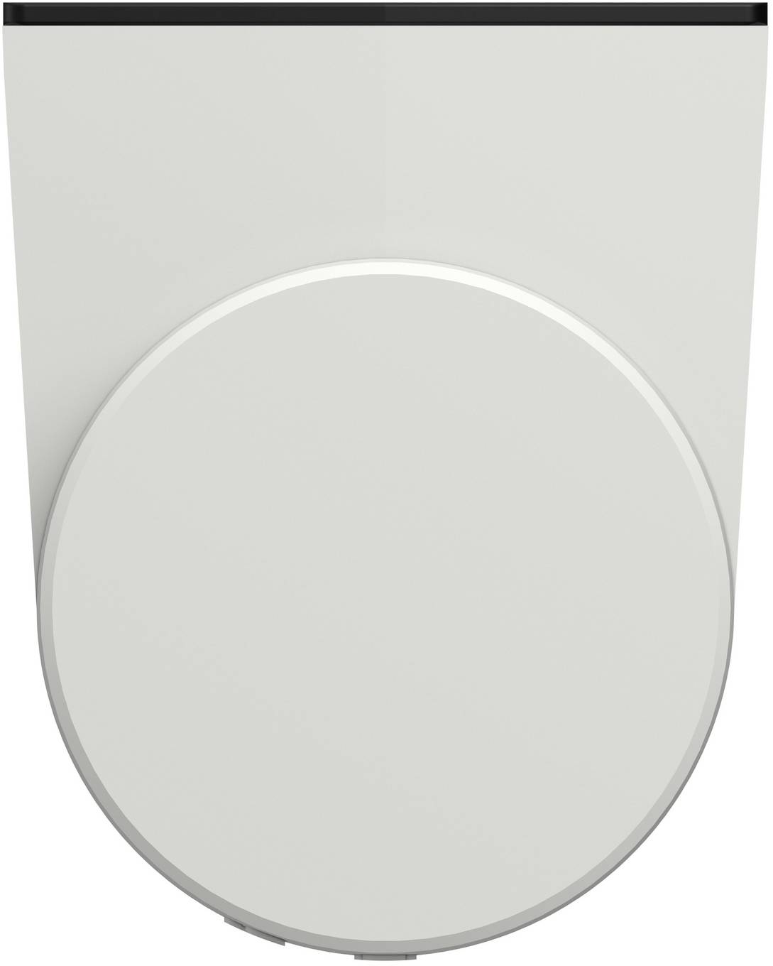 Minimalistisches weißes kreisförmiges Gerät mit einem großen runden Frontpanel und einem dünnen schwarzen Streifen oben, vor einem hellen Hintergrund abgebildet.