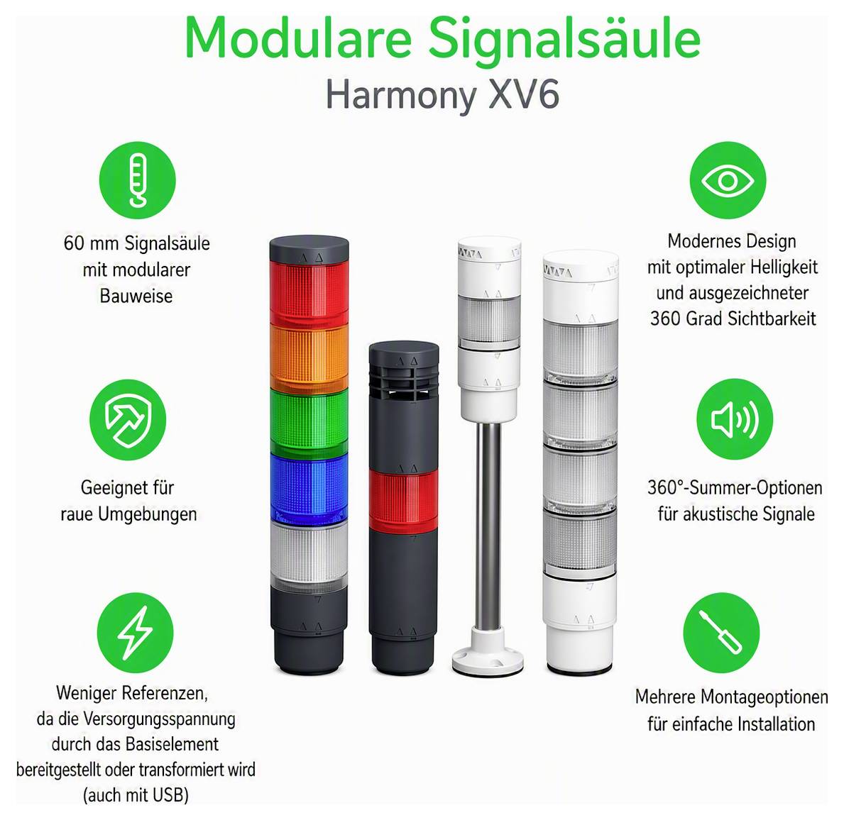 Werbegrafik zur modularen Signalsäule 'Harmony XV6' mit vier Säulenmodellen; nennt 60 mm Bauweise, 360°-Sichtbarkeit, 360°-Summer und mehrere Montageoptionen.