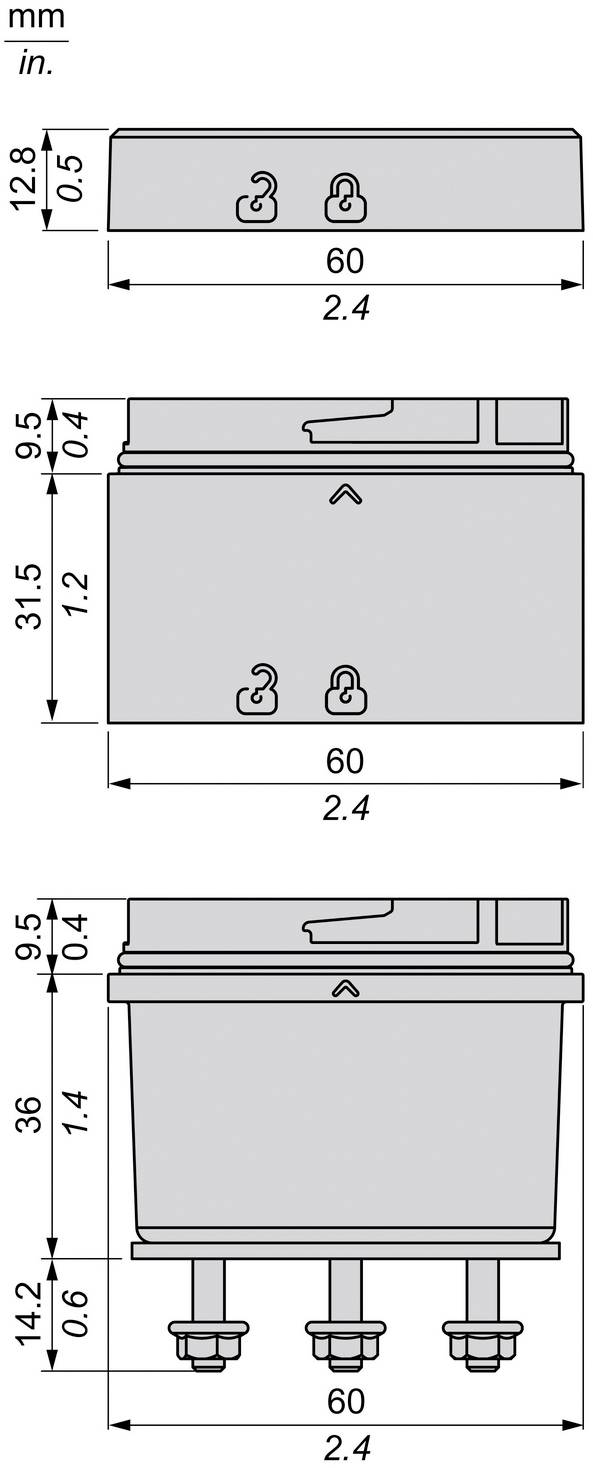 Technische Zeichnung einer rechteckigen mechanischen Komponente in drei Ansichten mit Abmessungen in mm und Zoll: 60 mm breit, etwa 36 mm hoch, plus Montageeigenschaften und drei Bodenklemmen.