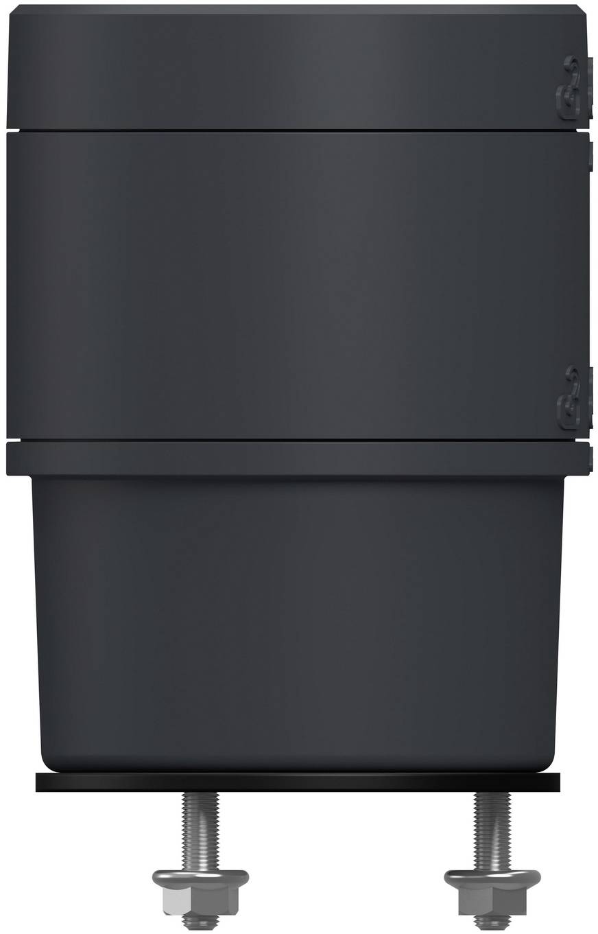 Schwarzer rechteckiger Kunststoffbehälter oder -tank, der auf zwei Gewindestiften gegen einen weißen Hintergrund montiert ist.