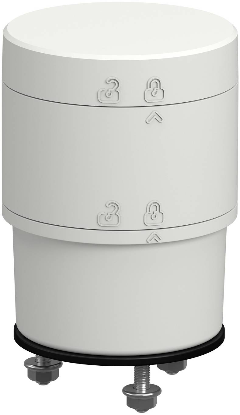Ein weißes zylindrisches Gerät oder Filtergehäuse mit Schlosssymbolen und Pfeilen auf dem Deckel und dem Gehäuse, das auf einer schwarzen Basis mit Bolzen montiert ist.