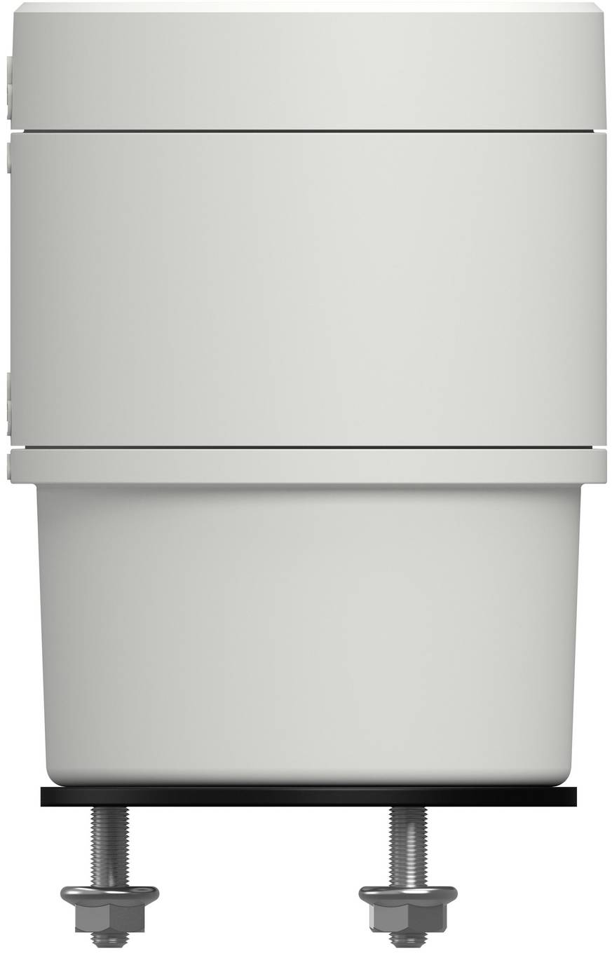 Seitenansicht eines Spülventils für eine wandhängende Toilette mit zwei Montageschrauben auf weißem Hintergrund.