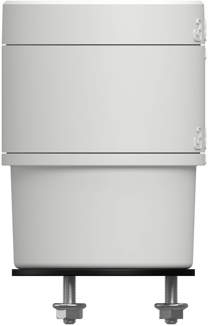Grauer Kunststoff-Toilettenspülkasten mit Doppelspültasten und sichtbaren Montageschrauben, isoliert auf weißem Hintergrund.