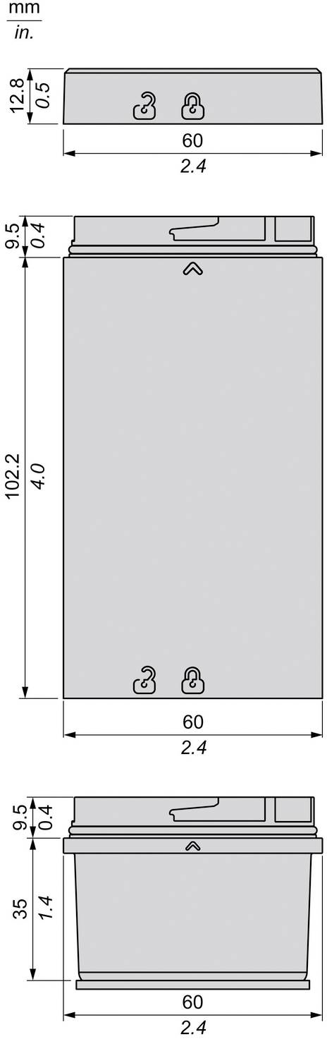 Technische Maßzeichnung eines rechteckigen Behälters mit Vorder- und Seitenansicht mit Abmessungen in mm und Zoll: 60 breit, 102,2 hoch, 28,5 tief.
