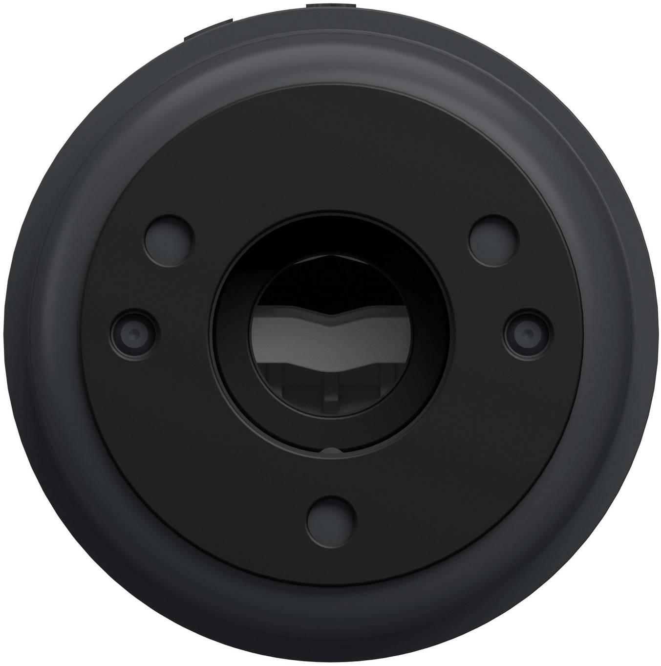 Nahaufnahme eines schwarzen kreisförmigen Kameraobjektivs oder optischen Sensormoduls mit einer zentralen Glasöffnung und vier kleinen umgebenden Sensoren auf weißem Hintergrund.