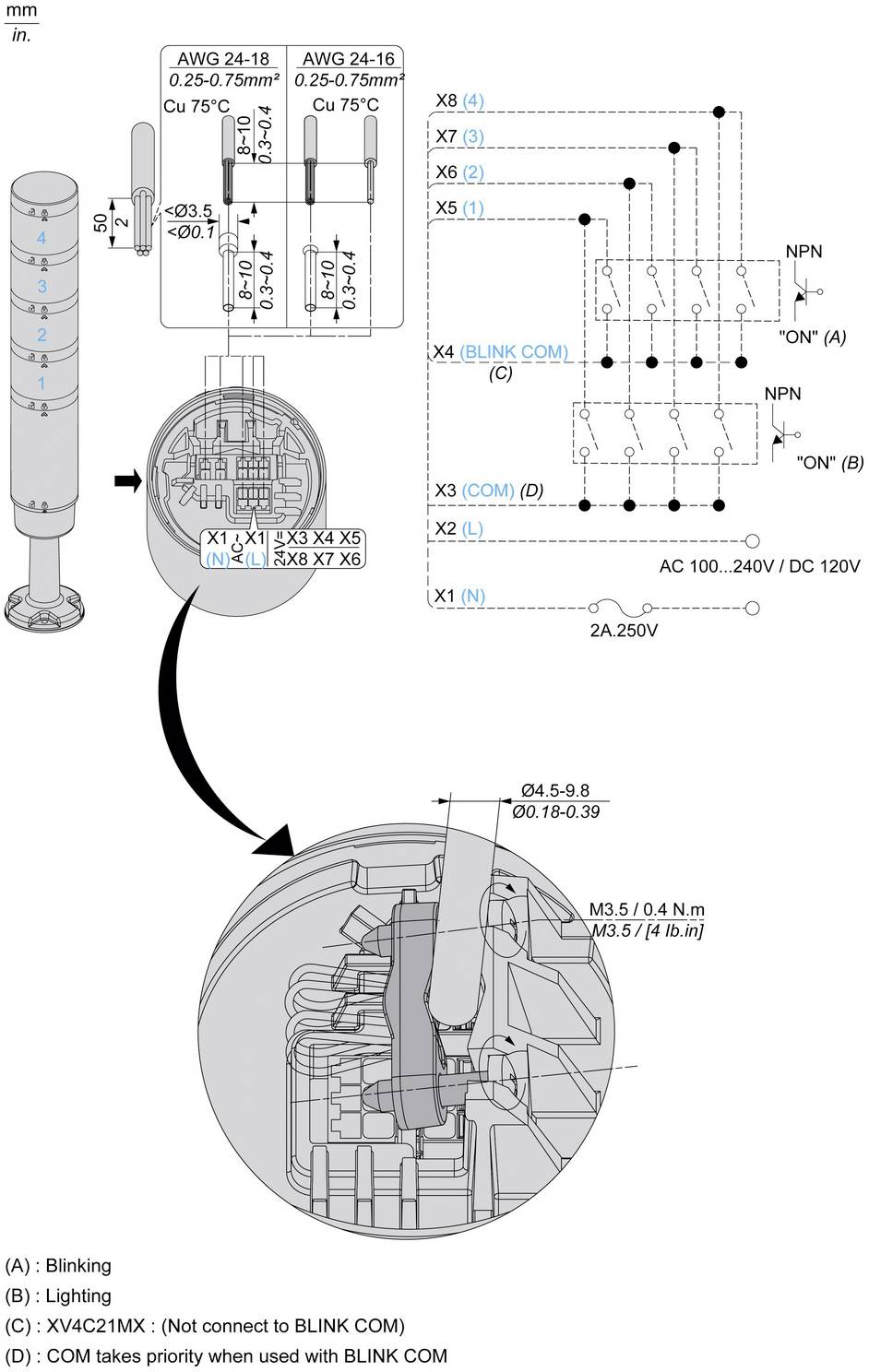 Industrielles Sensorkabelschema mit Steckverbinderbestückung, Kabeldimensionen und Ausgabeschaltung für Blink- und Beleuchtungsmodi mit Wechselstrom- und NPN-Verdrahtungskennzeichnungen.