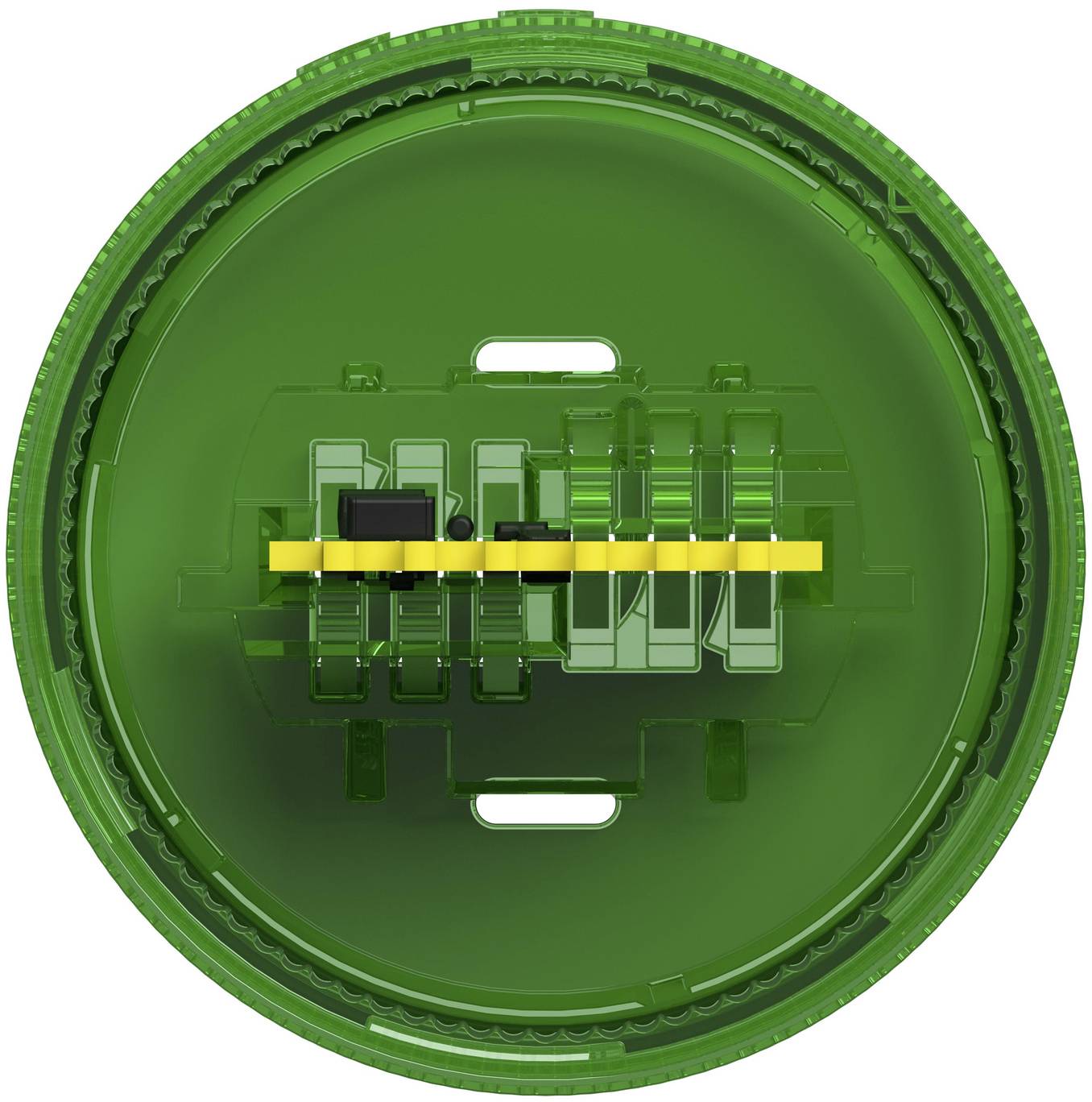 Draufsicht auf eine grüne kreisförmige mechanische Komponente oder ein Messgerät mit einem horizontalen gelben Balken in der Mitte und weißen Schlitzen oben und unten.