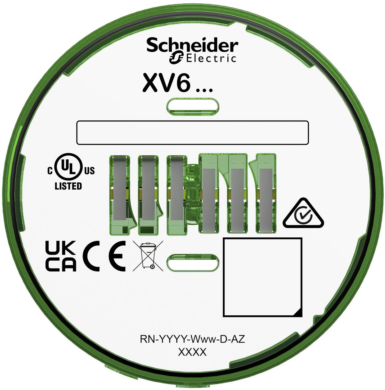 Schneider Electric XV6 Produktetikett mit Compliance-Markierungen, Modellcode-Platzhaltern und einem kreisförmigen Paketettkett-Design.