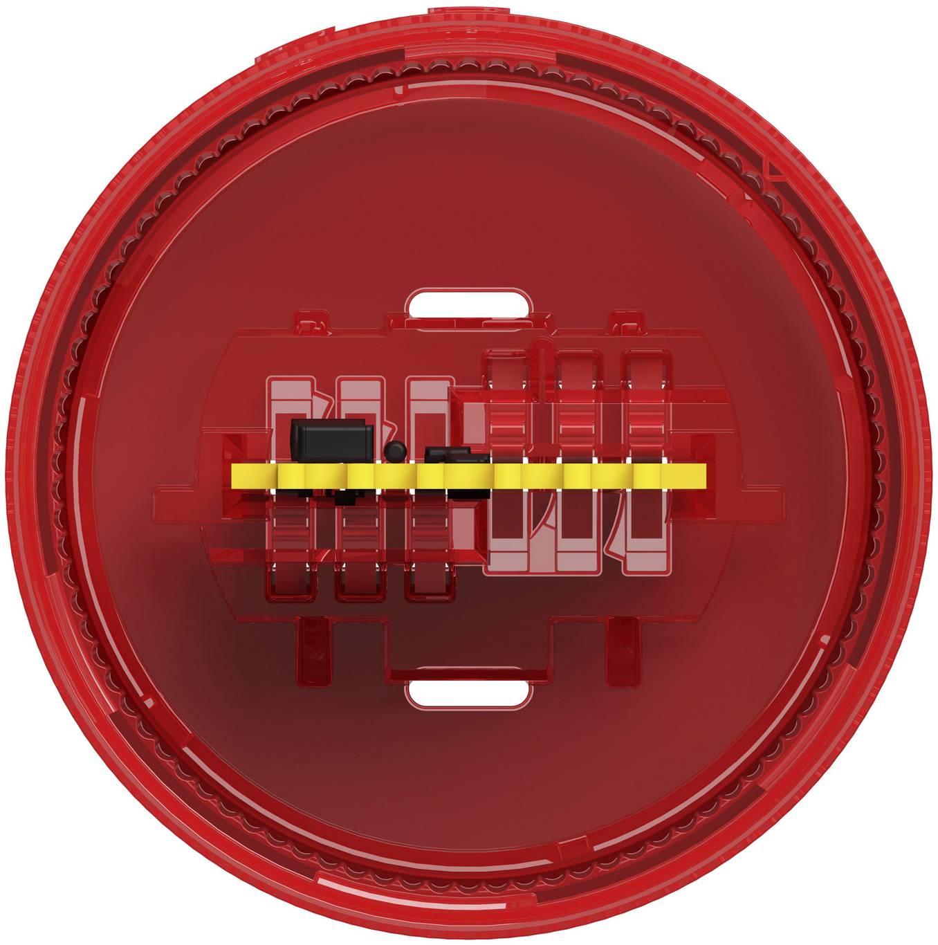 Draufsicht eines roten kreisförmigen Geräts mit transparenter Mitte und einem gelben horizontalen Balken in der Mitte, das einem mechanischen oder elektronischen Bauteil ähnelt.