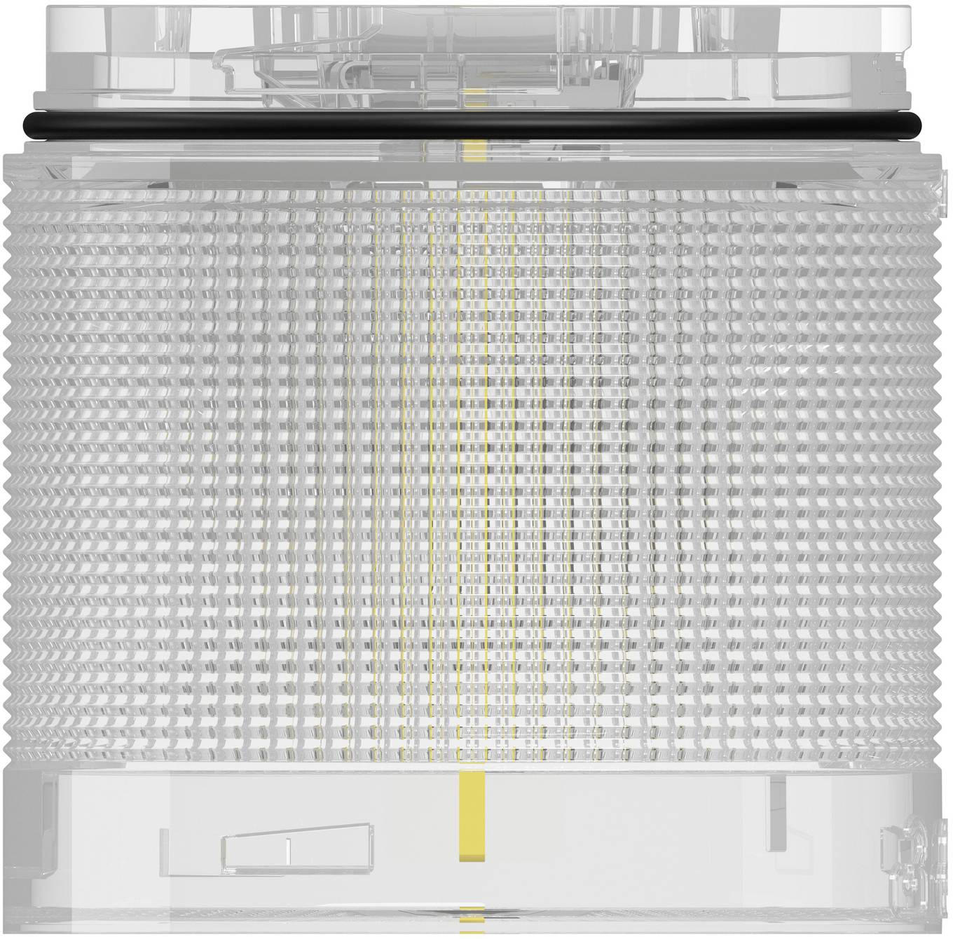 Nahaufnahme einer zylindrischen Metallgitter-Patrone oder eines Filters mit einem transparenten Gehäuse und einem gelben Mittelstreifen.