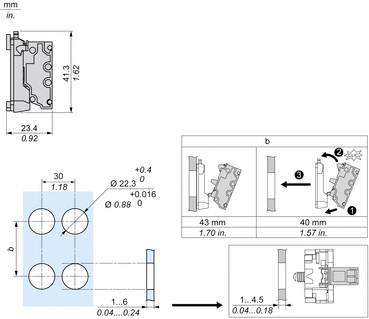 Technische Maßstabzeichnung eines mechanischen Verbinders oder einer Klemme, die Vorder- und Seitenansichten mit Maßen in Millimetern und Zoll sowie Installationsschritte und Passungsbereiche zeigt.