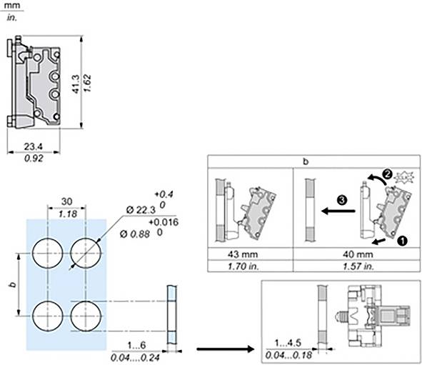 Technische Maßstabzeichnung eines mechanischen Verbinders oder einer Klemme, die Vorder- und Seitenansichten mit Maßen in Millimetern und Zoll sowie Installationsschritte und Passungsbereiche zeigt.