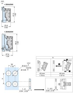 Technisches Konstruktionsdiagramm eines Scharnier-/Verriegelungsmechanismus mit Seiten- und Frontansichten, beschrifteten Abmessungen in mm und Zoll sowie Installationsschrittillustrationen mit Teileausrichtung und Abstandshaltung.