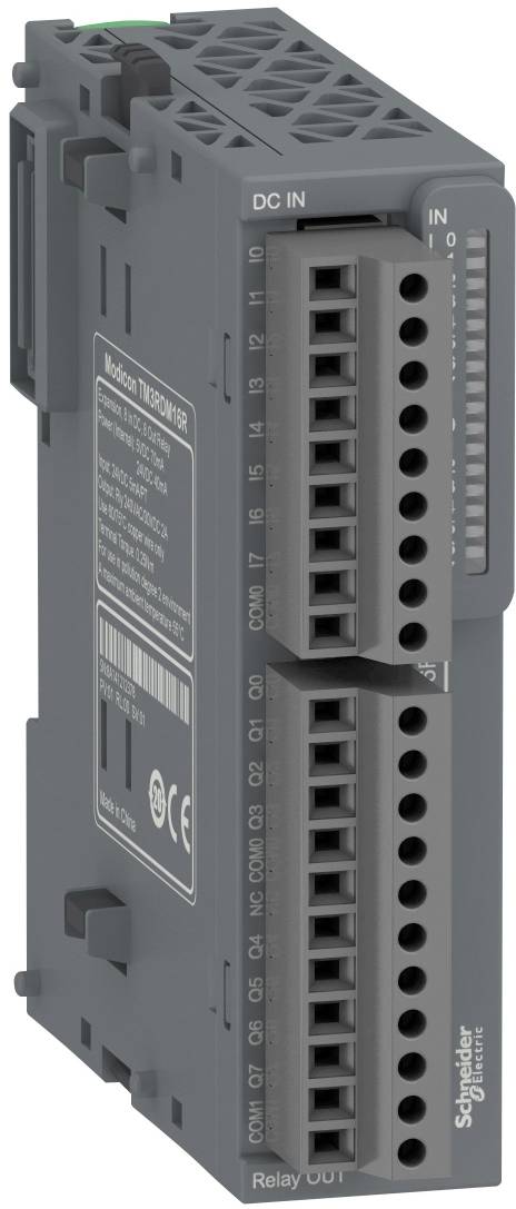 Graues Schneider Electric Industrierelaismodul mit beschrifteten Klemmenblöcken 