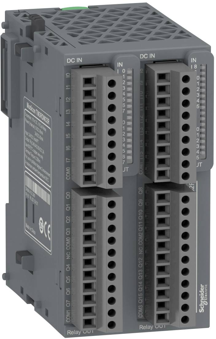Schneider Electric Industrie-I/O-Modul mit mehreren Klemmleisten, die mit „DC IN