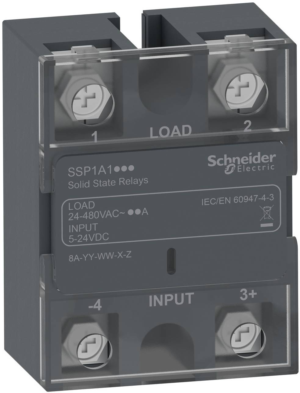 Schneider Electric Halbleiterschütz mit vier Schraubklemmen, gekennzeichnet mit LAST und EINGANG, mit 24-480VAC Last und 5-24VDC Eingang.