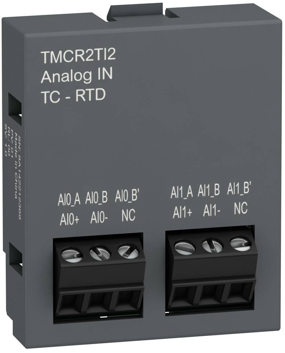Graues Industrialeingabemodul mit der Bezeichnung „TMCR2TI2 Analog IN TC - RTD