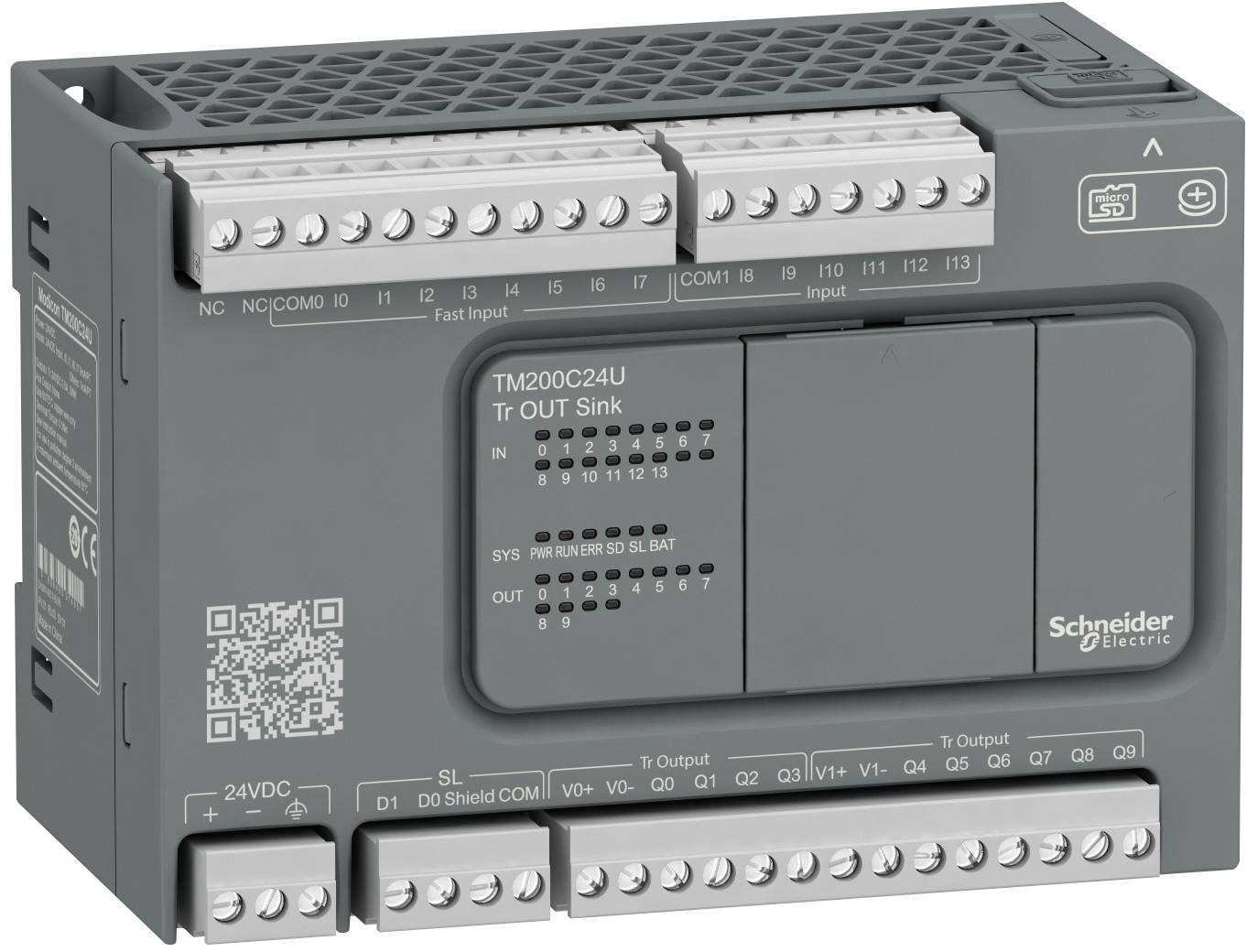 Schneider Electric TM200C24U SPS-Steuermodul mit Klemmleisten, Status-LEDs und QR-Code auf der Frontplatte.