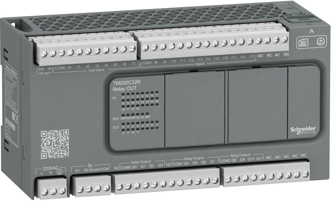 Schneider Electric TM200C32R SPS-Modul mit Relaisausgängen, Anschlussklemmen und Statusanzeigen auf einer grauen industriellen Steuerungseinheit.