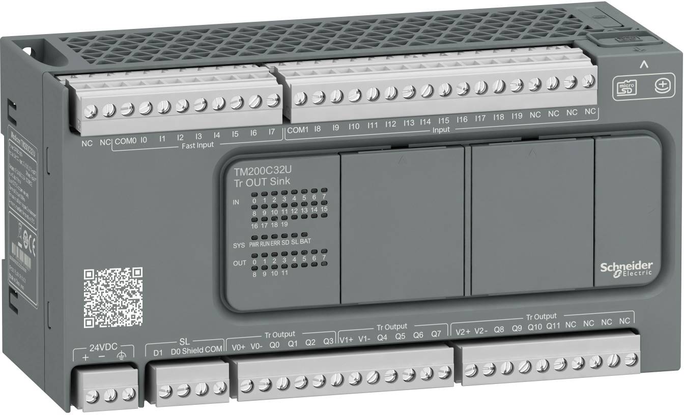 Schneider Electric TM200 Serie SPS-Steuermodul mit mehreren Anschlussklemmen und QR-Code auf der Frontplatte.