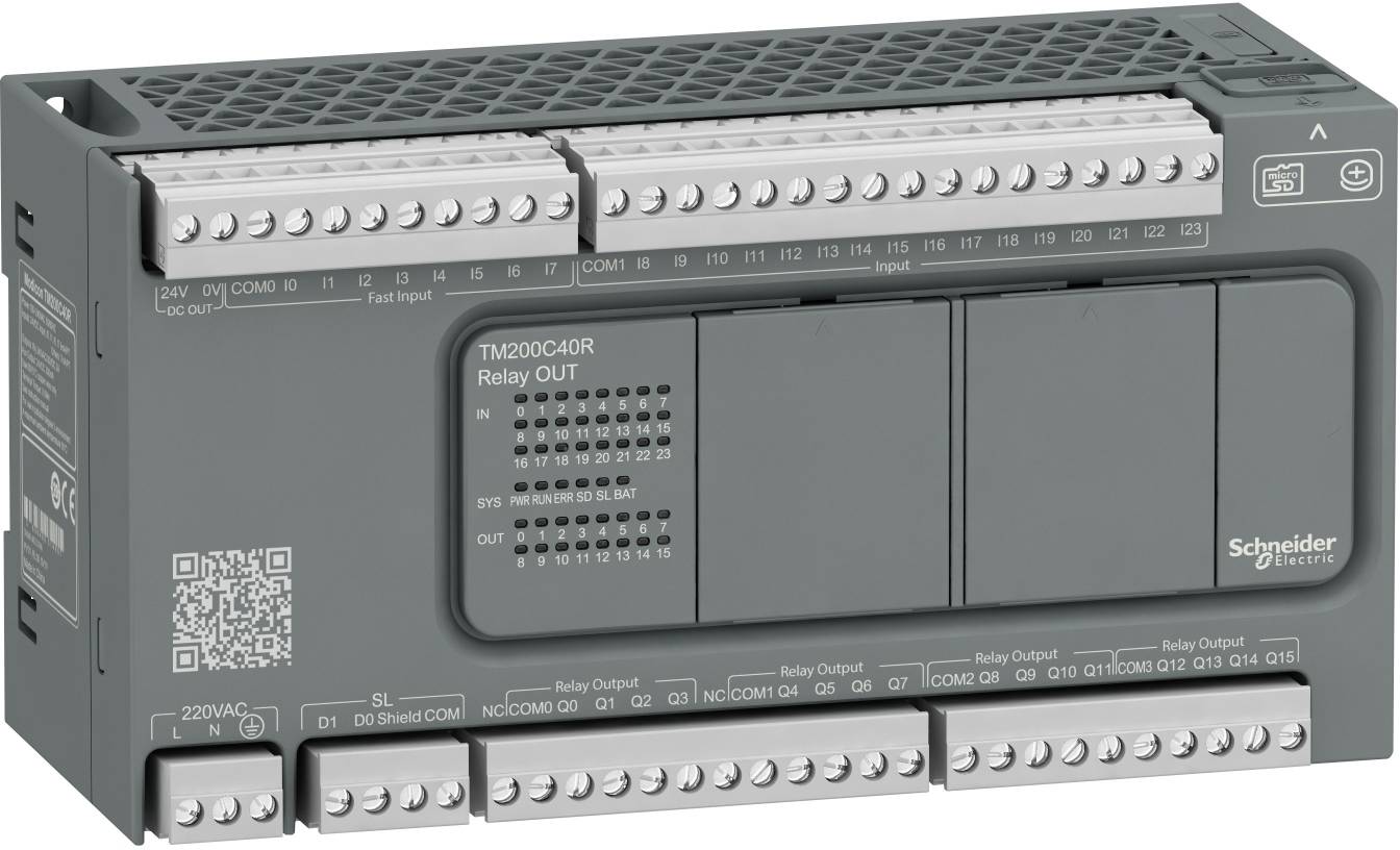 Schneider Electric TM200C40R SPS-Controllermodul mit beschrifteten Ein-/Ausgabeanschlüssen und QR-Code auf der Frontplatte.