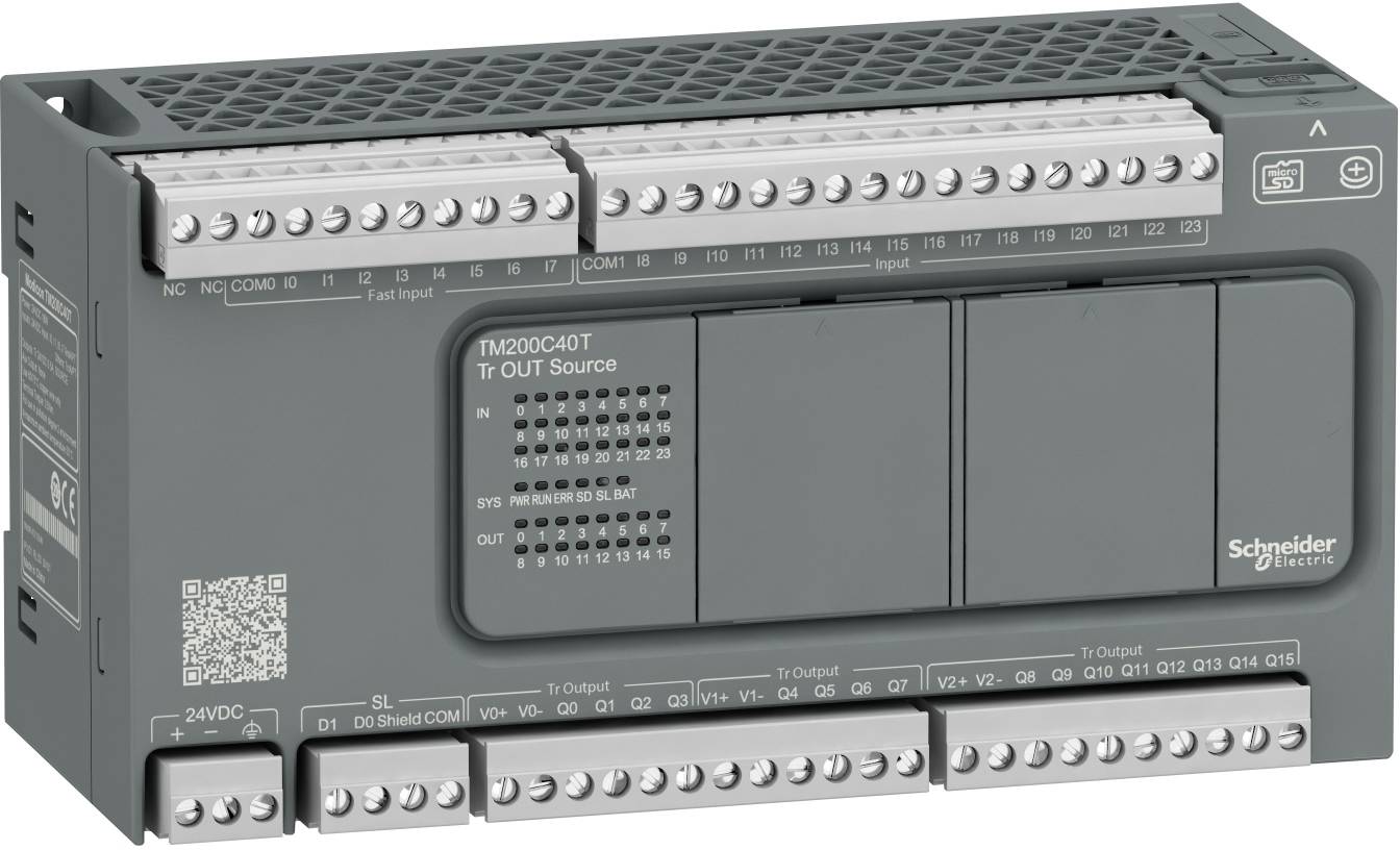Schneider Electric TM200C40T PLC-Controllermodul mit mehreren Schraubklemmenreihen und beschrifteten Ein-/Ausgabeanschlüssen auf einem grauen Industriegerät.