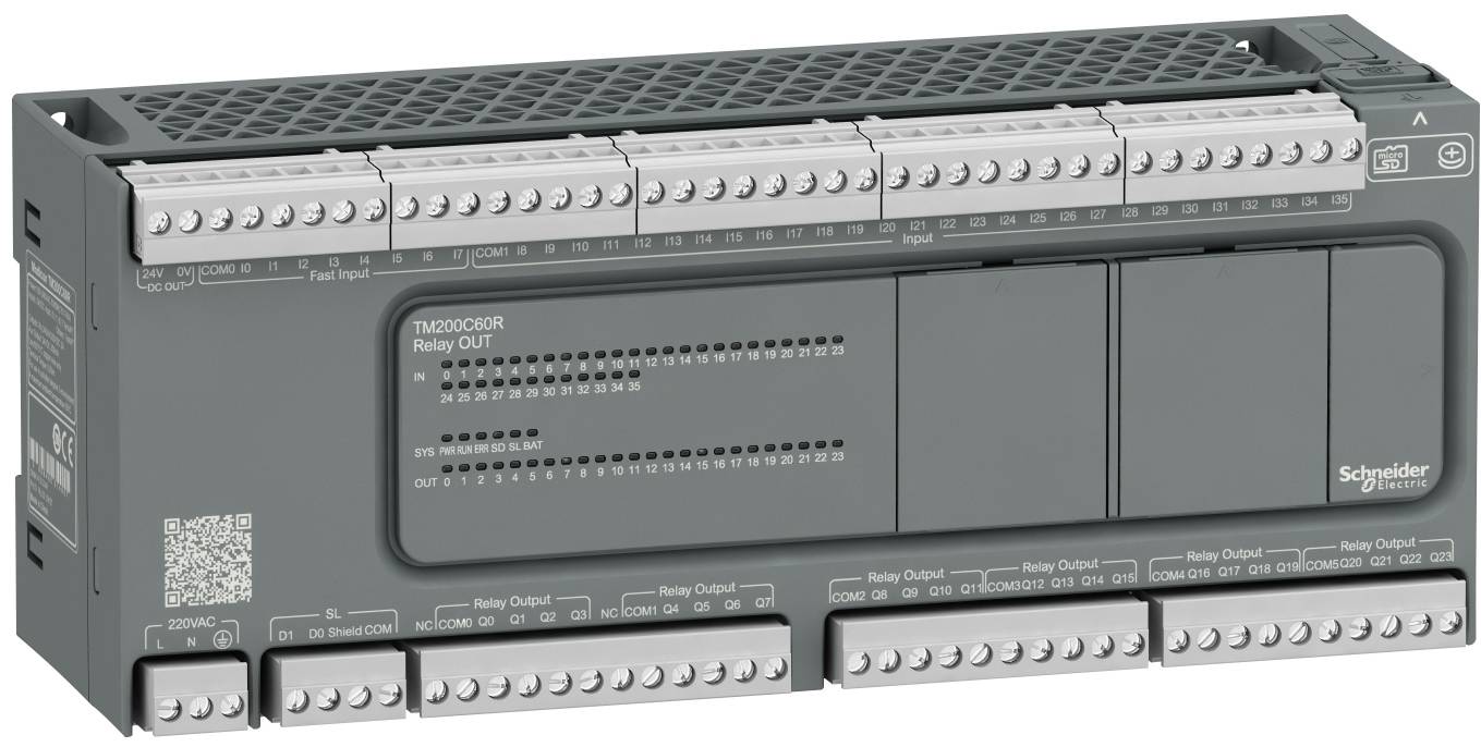 Schneider Electric Industrie-Speicherprogrammierbare Steuerung Modul mit Reihen von Schraubklemmen und Status-Anzeige-LEDs.