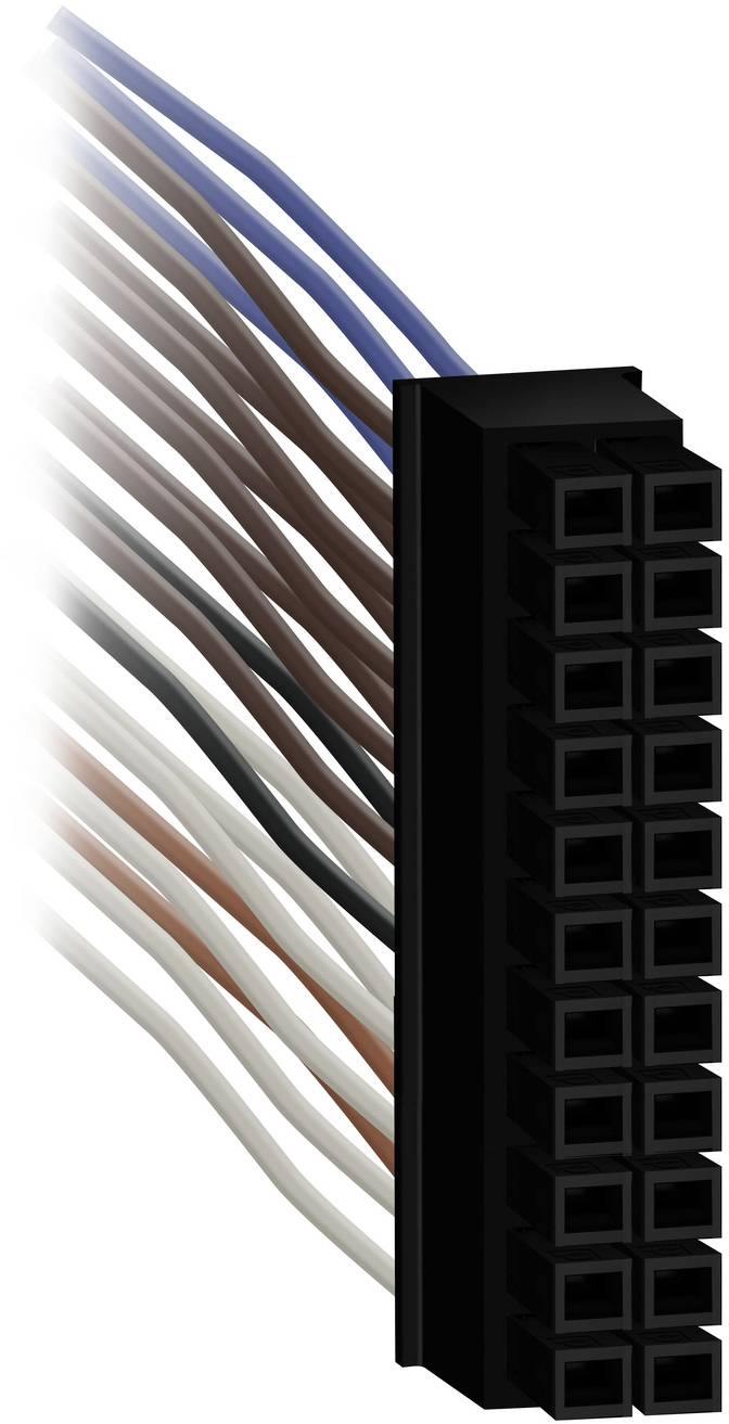Nahaufnahme eines schwarzen 24-poligen Computer-Stromsteckers mit mehreren farbigen Drähten, die daran angebracht sind, auf weißem Hintergrund gezeigt.