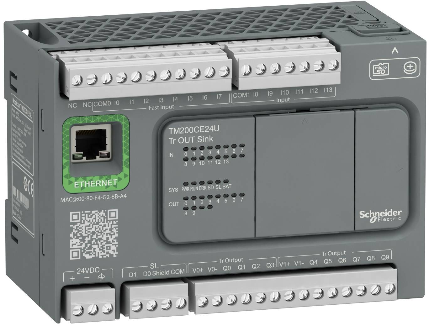 Schneider Electric TM200CE24U SPS-Modul mit Ethernet-Anschluss, Ein-/Ausgabeanschlüssen, Status-LEDs und Stromversorgungsanschlüssen.