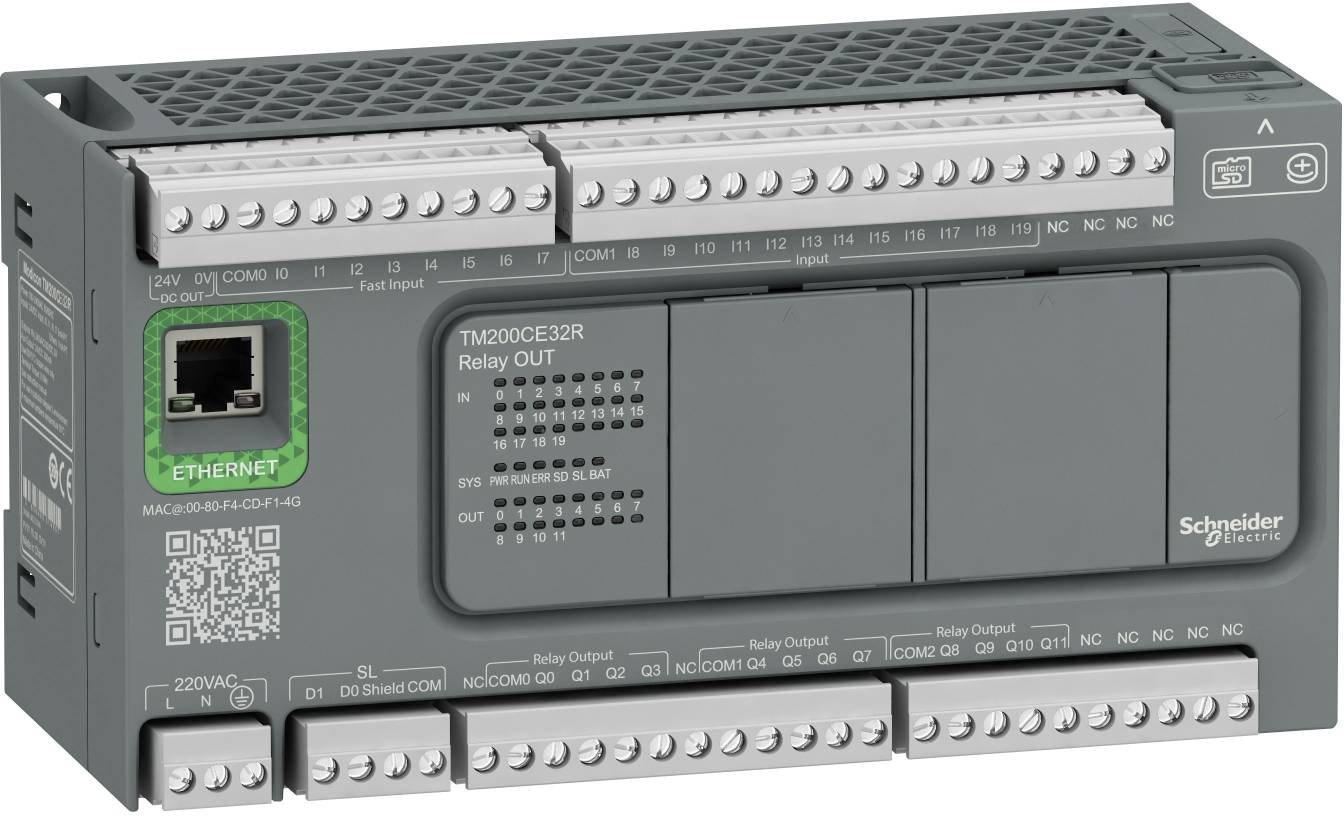 Schneider Electric TM200CE32R speicherprogrammierbare Steuerung mit Ethernetanschluss, Klemmleisten und Relaisausgangsmodulen.